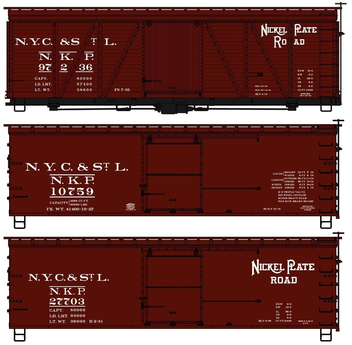 Accurail 8140 | Nickel Plate 36' Double Sheath and Fowler Wood Boxcar 3-Car Set | HO Scale