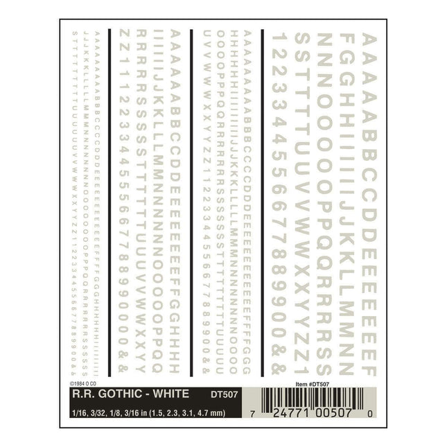 Woodland Scenics 507 | Dry Transfer Alphabet & Number Sets - Railroad Gothic (white) | Multi Scale