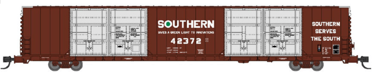 Bluford Shops 87315 | 86' Quad Door Boxcar - Southern - Gives A Green Light #42365 | N Scale
