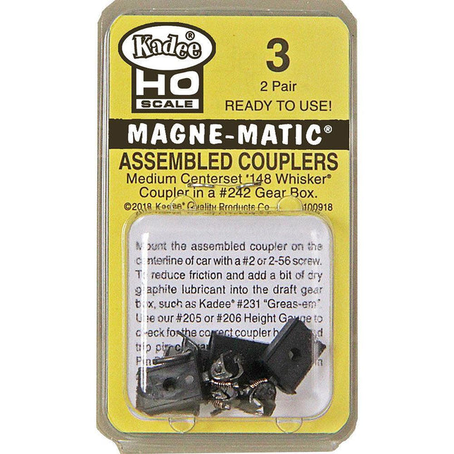 Kadee 3 | Assembled #148 Whisker® Metal Couplers - Medium (9/32") Centerset Shank (HO Scale)