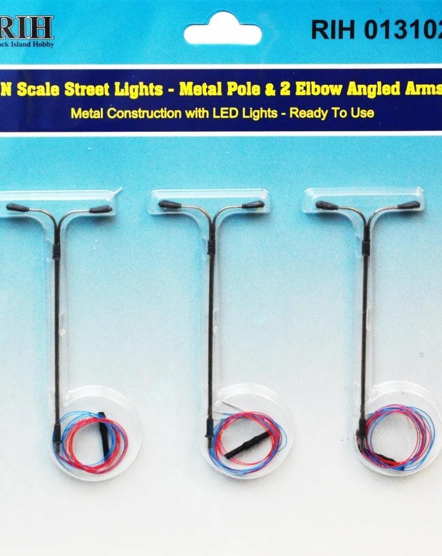 Rock Island Hobby 013102 | Street Lights (3) - Vertical Pole with 2 Elbow Arms | N Scale