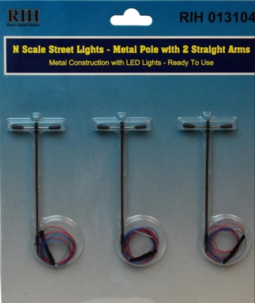 Rock Island Hobby 013104 | Street Lights (3) - Single Pole & 2 Straight Arms | N Scale